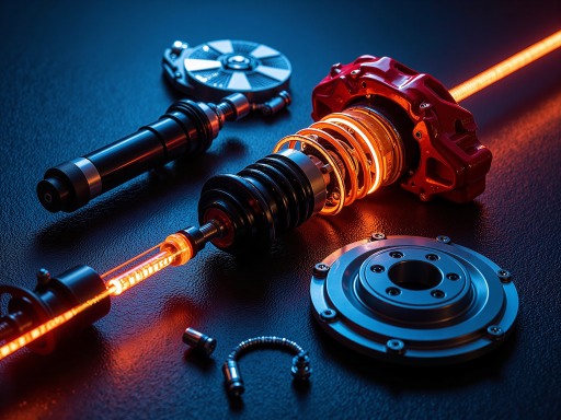 汽车刹车系统组件,红色刹车卡钳,黑色刹车盘,金属光泽质感,专业摄影棚拍摄