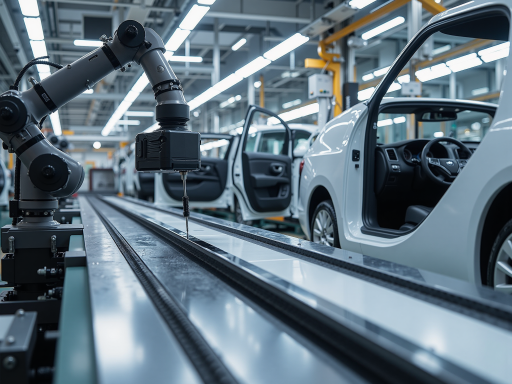 未来汽车工厂概念图,自动化生产线,机器人协作,绿色能源标识,科技感强